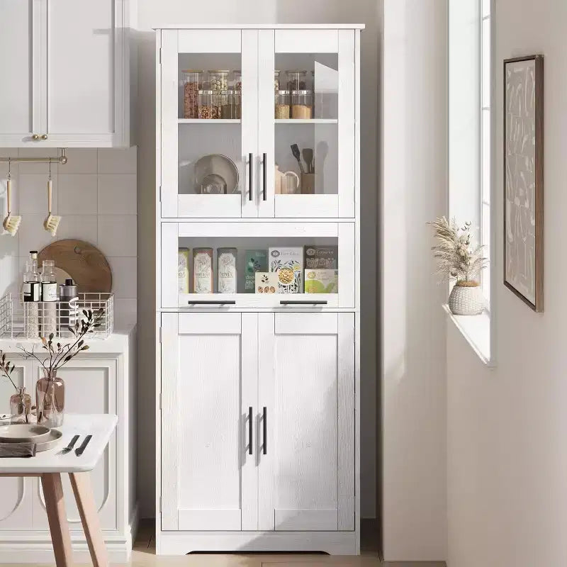 Meuble de salle de bain avec 4 portes et 1 tiroir, armoire haute de salle de bain avec étagères réglables pour salle de bain, salon, blanc