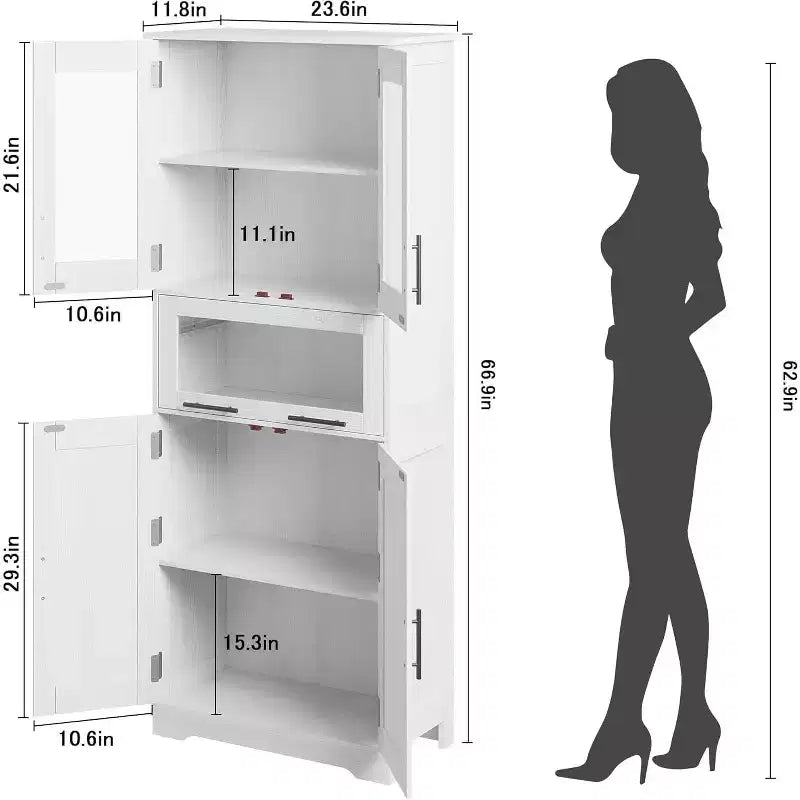 Meuble de salle de bain avec 4 portes et 1 tiroir, armoire haute de salle de bain avec étagères réglables pour salle de bain, salon, blanc