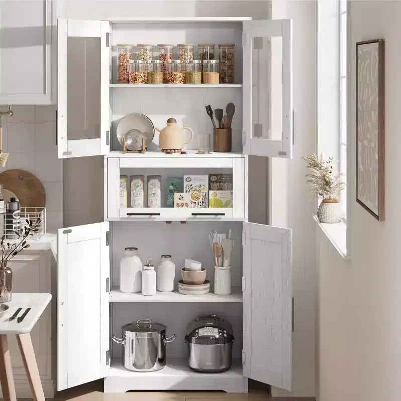 Meuble de salle de bain avec 4 portes et 1 tiroir, armoire haute de salle de bain avec étagères réglables pour salle de bain, salon, blanc