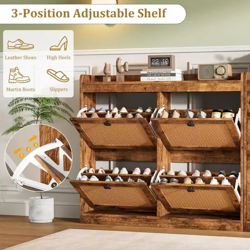 Meuble à chaussures avec 4 tiroirs basculants, organisateur de rangement de chaussures dissimulé avec portes en rotin, armoire à chaussures autoportante pour le salon