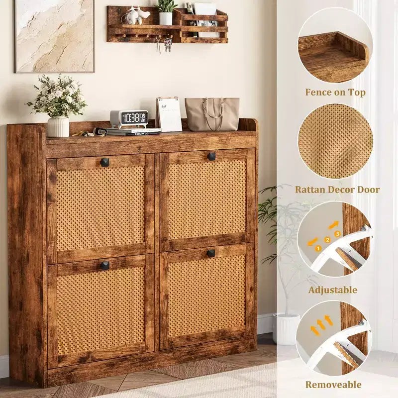 Meuble à chaussures avec 4 tiroirs basculants, organisateur de rangement de chaussures dissimulé avec portes en rotin, armoire à chaussures autoportante pour le salon