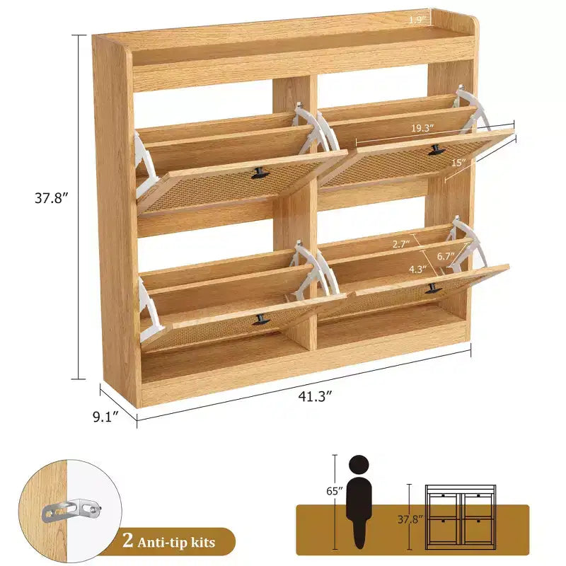 Meuble à chaussures avec 4 tiroirs basculants, organisateur de rangement de chaussures dissimulé avec portes en rotin, armoire à chaussures autoportante pour le salon