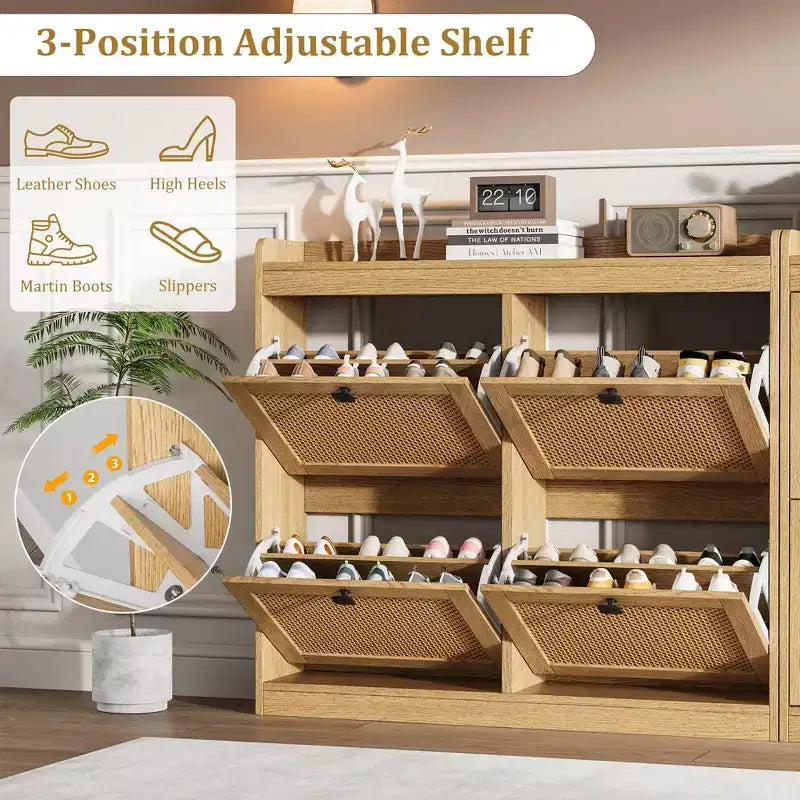 Meuble à chaussures avec 4 tiroirs basculants, organisateur de rangement de chaussures dissimulé avec portes en rotin, armoire à chaussures autoportante pour le salon