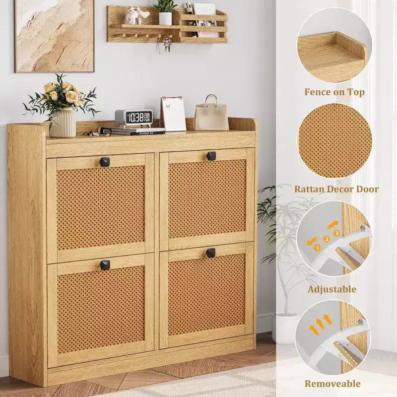 Meuble à chaussures avec 4 tiroirs basculants, organisateur de rangement de chaussures dissimulé avec portes en rotin, armoire à chaussures autoportante pour le salon