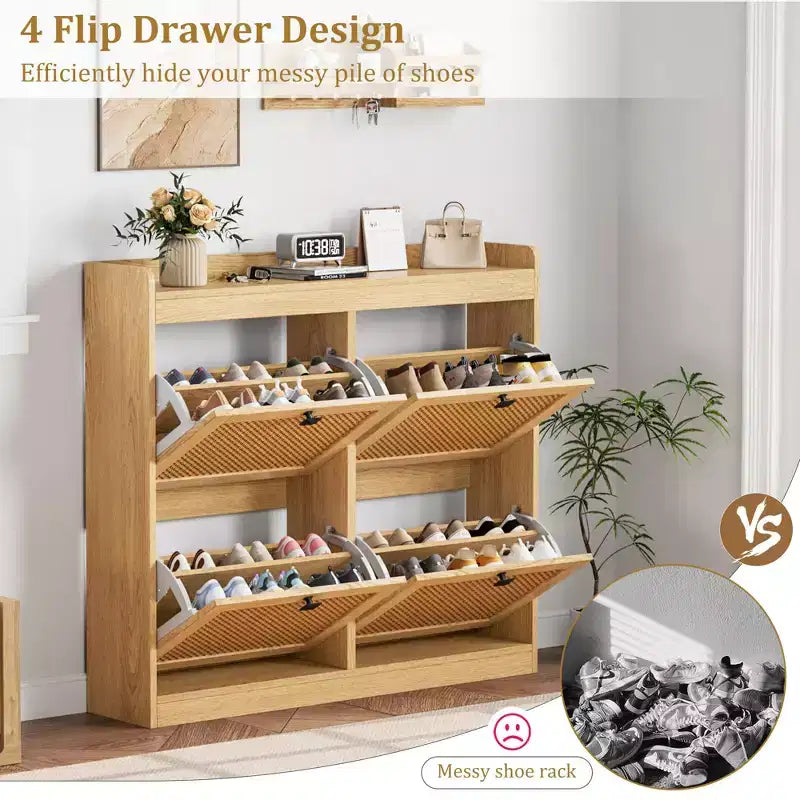 Meuble à chaussures avec 4 tiroirs basculants, organisateur de rangement de chaussures dissimulé avec portes en rotin, armoire à chaussures autoportante pour le salon
