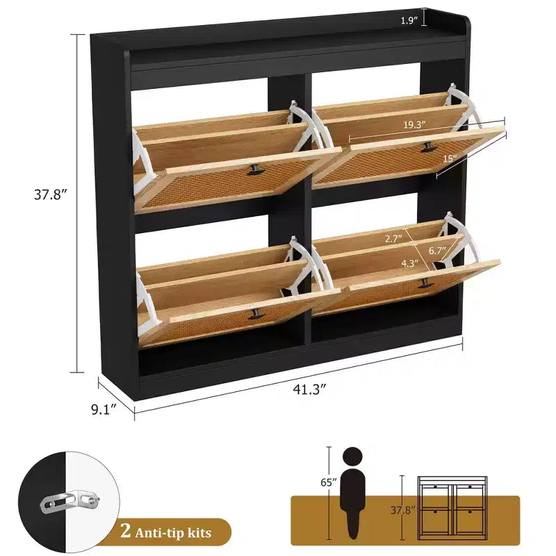 Meuble à chaussures avec 4 tiroirs basculants, organisateur de rangement de chaussures dissimulé avec portes en rotin, armoire à chaussures autoportante pour le salon