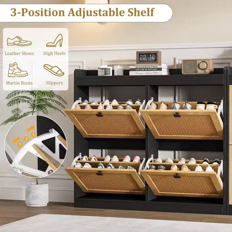 Meuble à chaussures avec 4 tiroirs basculants, organisateur de rangement de chaussures dissimulé avec portes en rotin, armoire à chaussures autoportante pour le salon