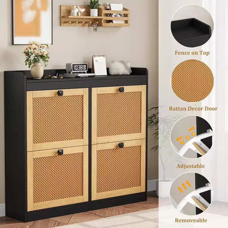 Meuble à chaussures avec 4 tiroirs basculants, organisateur de rangement de chaussures dissimulé avec portes en rotin, armoire à chaussures autoportante pour le salon