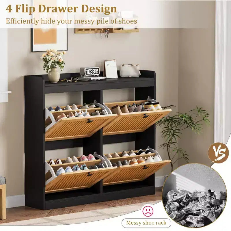 Meuble à chaussures avec 4 tiroirs basculants, organisateur de rangement de chaussures dissimulé avec portes en rotin, armoire à chaussures autoportante pour le salon