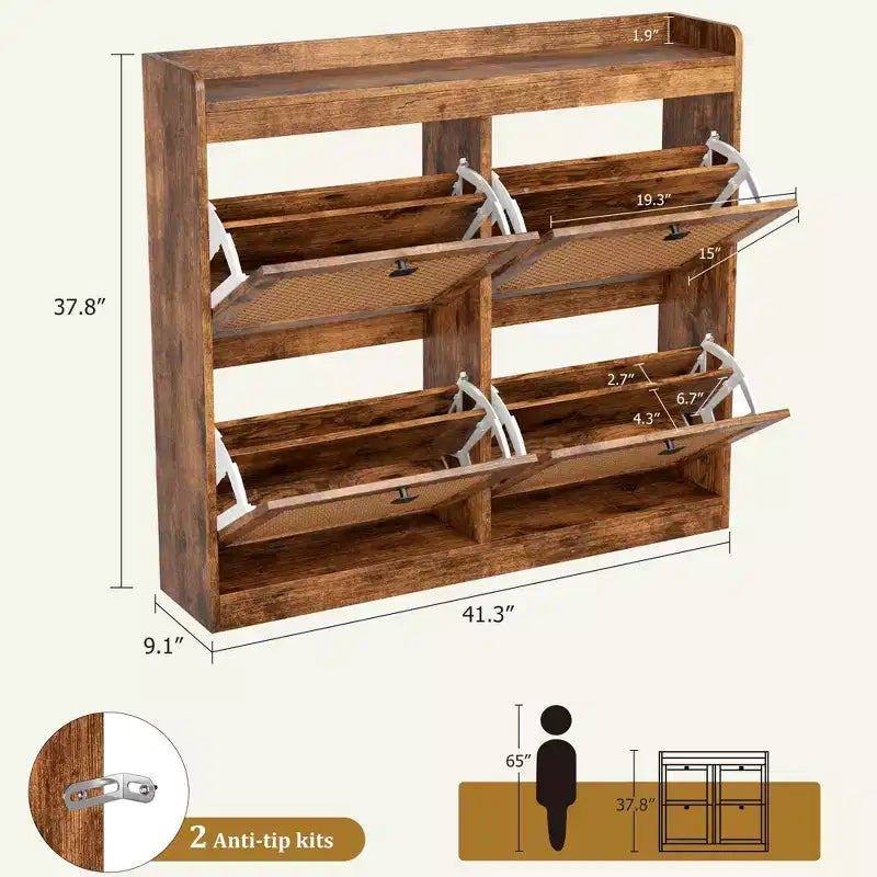 Meuble à chaussures avec 4 tiroirs basculants, organisateur de rangement de chaussures dissimulé avec portes en rotin, armoire à chaussures autoportante pour le salon