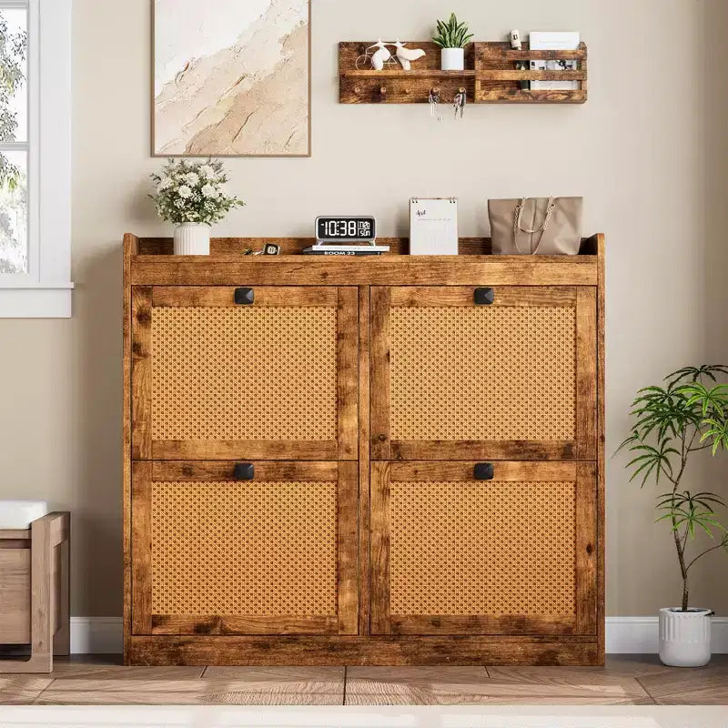 Meuble à chaussures avec 4 tiroirs basculants, organisateur de rangement de chaussures dissimulé avec portes en rotin, armoire à chaussures autoportante pour le salon