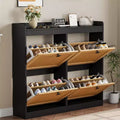 Shoe Storage Cabinet with 4 Flip Drawers, Hidden Shoe Storage Organizer with Rattan Doors, Freestanding Shoe Rack Cabinet For Living Room