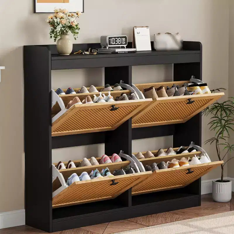 Shoe Storage Cabinet with 4 Flip Drawers, Hidden Shoe Storage Organizer with Rattan Doors, Freestanding Shoe Rack Cabinet For Living Room