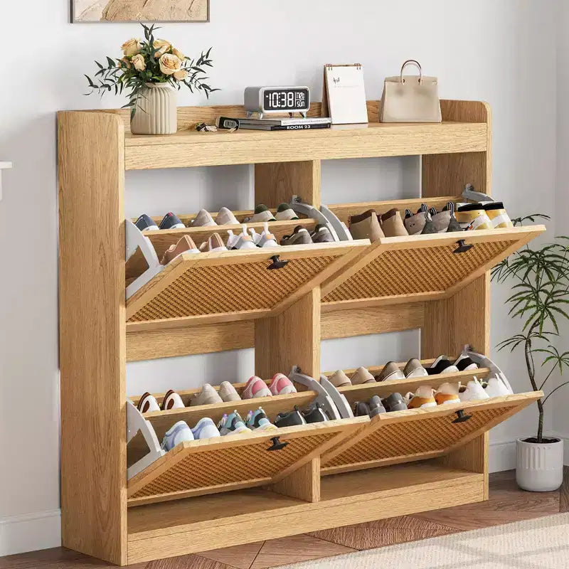 Meuble à chaussures avec 4 tiroirs basculants, organisateur de rangement de chaussures dissimulé avec portes en rotin, armoire à chaussures autoportante pour le salon