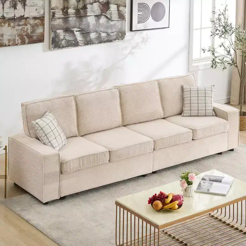 Sofa, Modular Sectional 4-Seater  Convertible Deep Couch Wide Armrests Plush Backrest Corduroy Upholstered for Living Room/Office Beige