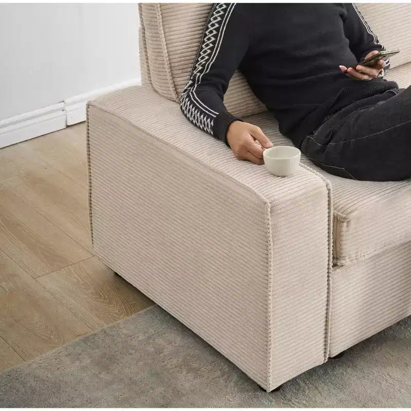 Canapé modulaire sectionnel 4 places convertible, canapé profond, accoudoirs larges, dossier moelleux, revêtement en velours côtelé pour salon/bureau, beige