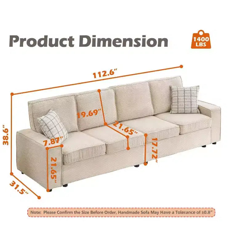Canapé modulaire sectionnel 4 places convertible, canapé profond, accoudoirs larges, dossier moelleux, revêtement en velours côtelé pour salon/bureau, beige