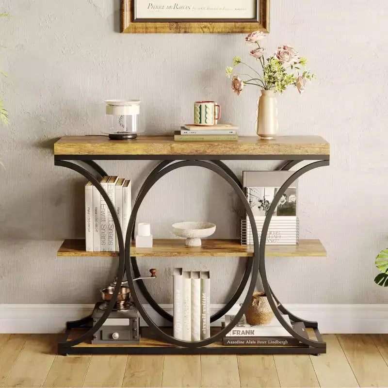 COZONY Table console étroite 39 po, table de canapé industrielle à 6 niveaux avec base ronde en métal et étagères de rangement, table d'entrée pour salon, couloir
