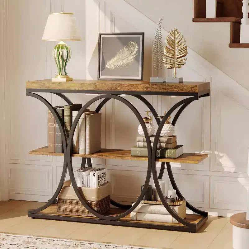COZONY Table console étroite 39 po, table de canapé industrielle à 6 niveaux avec base ronde en métal et étagères de rangement, table d'entrée pour salon, couloir