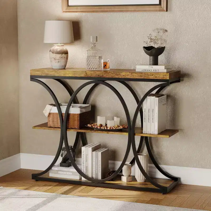 COZONY Table console étroite 39 po, table de canapé industrielle à 6 niveaux avec base ronde en métal et étagères de rangement, table d'entrée pour salon, couloir
