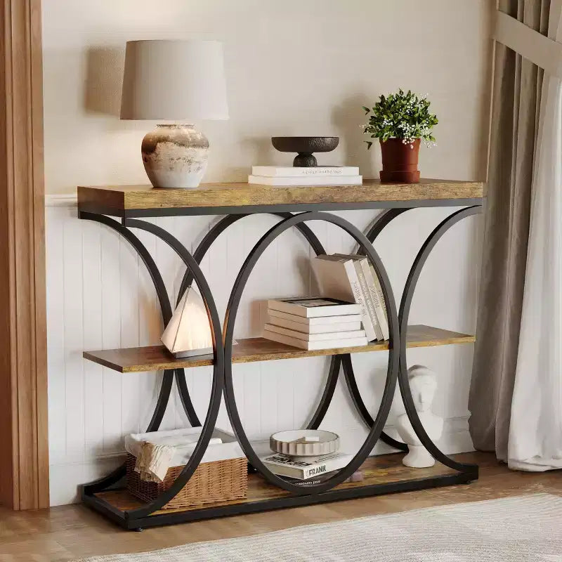 COZONY Table console étroite 39 po, table de canapé industrielle à 6 niveaux avec base ronde en métal et étagères de rangement, table d'entrée pour salon, couloir