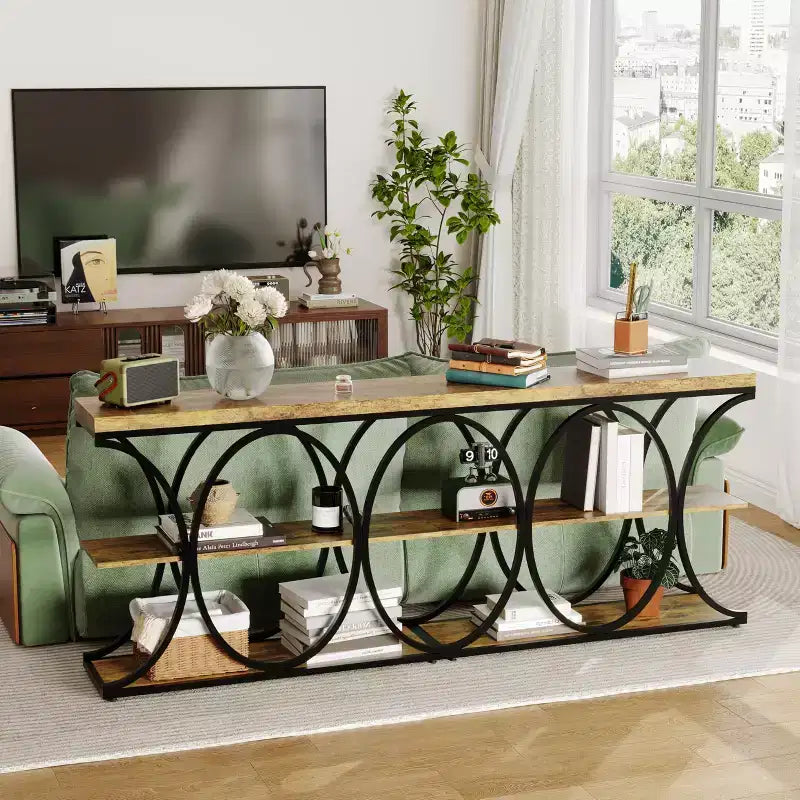 COZONY Table console étroite 39 po, table de canapé industrielle à 6 niveaux avec base ronde en métal et étagères de rangement, table d'entrée pour salon, couloir