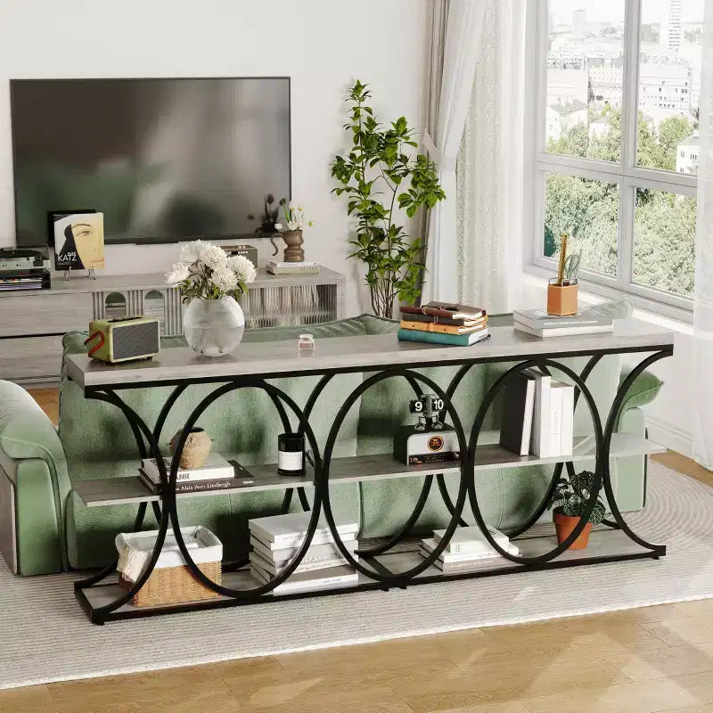 COZONY Table console étroite 39 po, table de canapé industrielle à 6 niveaux avec base ronde en métal et étagères de rangement, table d'entrée pour salon, couloir