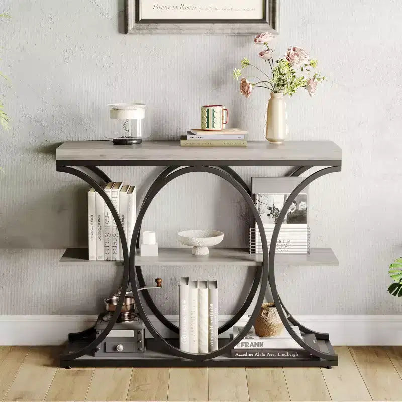 COZONY Table console étroite 39 po, table de canapé industrielle à 6 niveaux avec base ronde en métal et étagères de rangement, table d'entrée pour salon, couloir