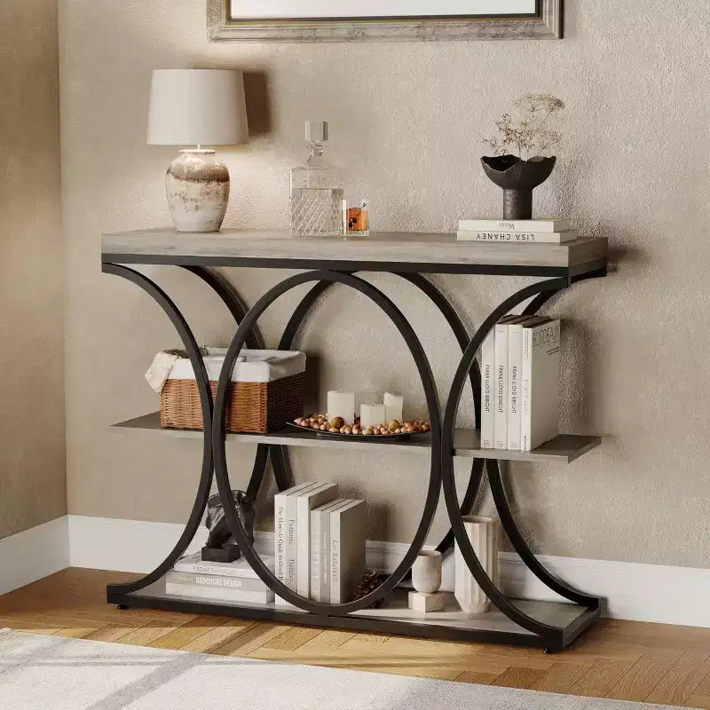 COZONY Table console étroite 39 po, table de canapé industrielle à 6 niveaux avec base ronde en métal et étagères de rangement, table d'entrée pour salon, couloir