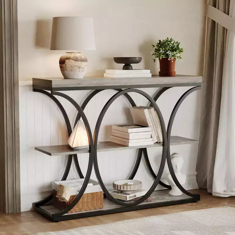 COZONY Table console étroite 39 po, table de canapé industrielle à 6 niveaux avec base ronde en métal et étagères de rangement, table d'entrée pour salon, couloir