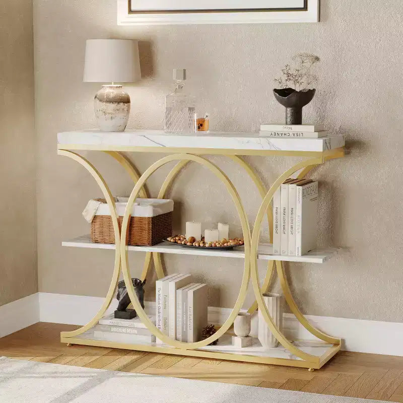 COZONY Table console étroite 39 po, table de canapé industrielle à 6 niveaux avec base ronde en métal et étagères de rangement, table d'entrée pour salon, couloir