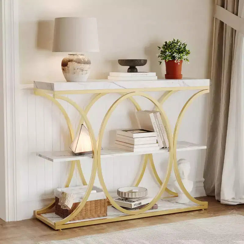 COZONY Table console étroite 39 po, table de canapé industrielle à 6 niveaux avec base ronde en métal et étagères de rangement, table d'entrée pour salon, couloir
