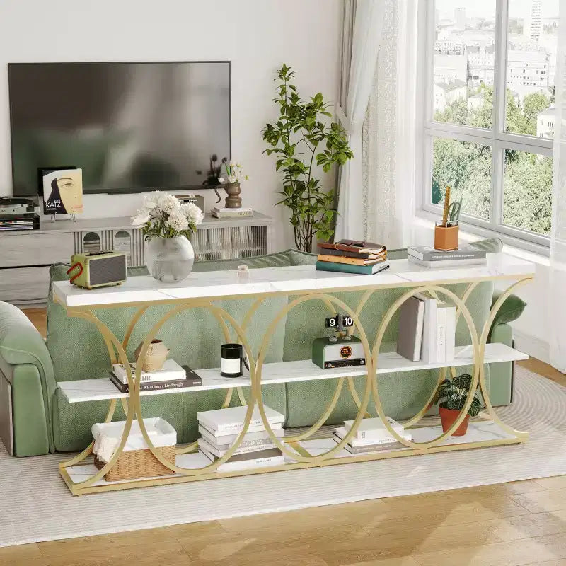 COZONY Table console étroite 39 po, table de canapé industrielle à 6 niveaux avec base ronde en métal et étagères de rangement, table d'entrée pour salon, couloir