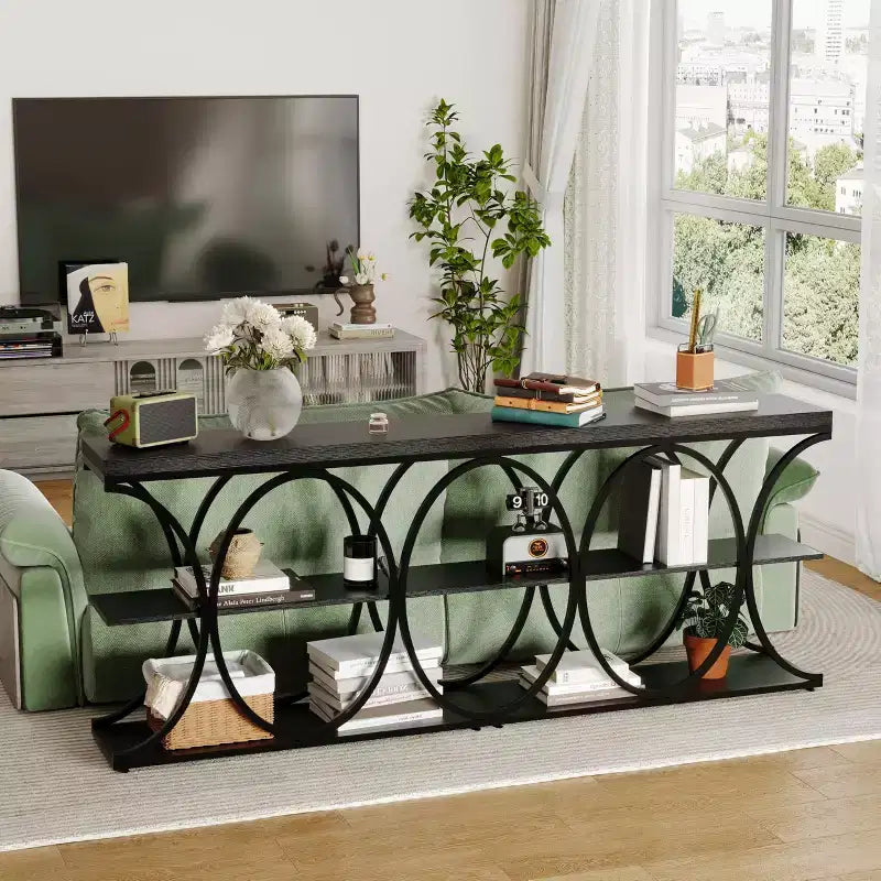 COZONY Table console étroite 39 po, table de canapé industrielle à 6 niveaux avec base ronde en métal et étagères de rangement, table d'entrée pour salon, couloir