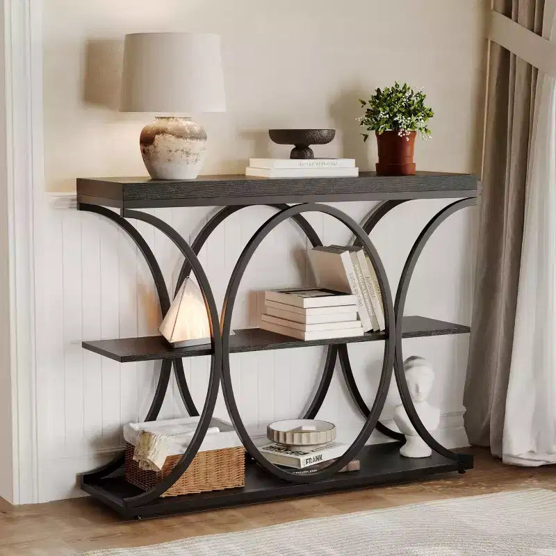 COZONY Table console étroite 39 po, table de canapé industrielle à 6 niveaux avec base ronde en métal et étagères de rangement, table d'entrée pour salon, couloir