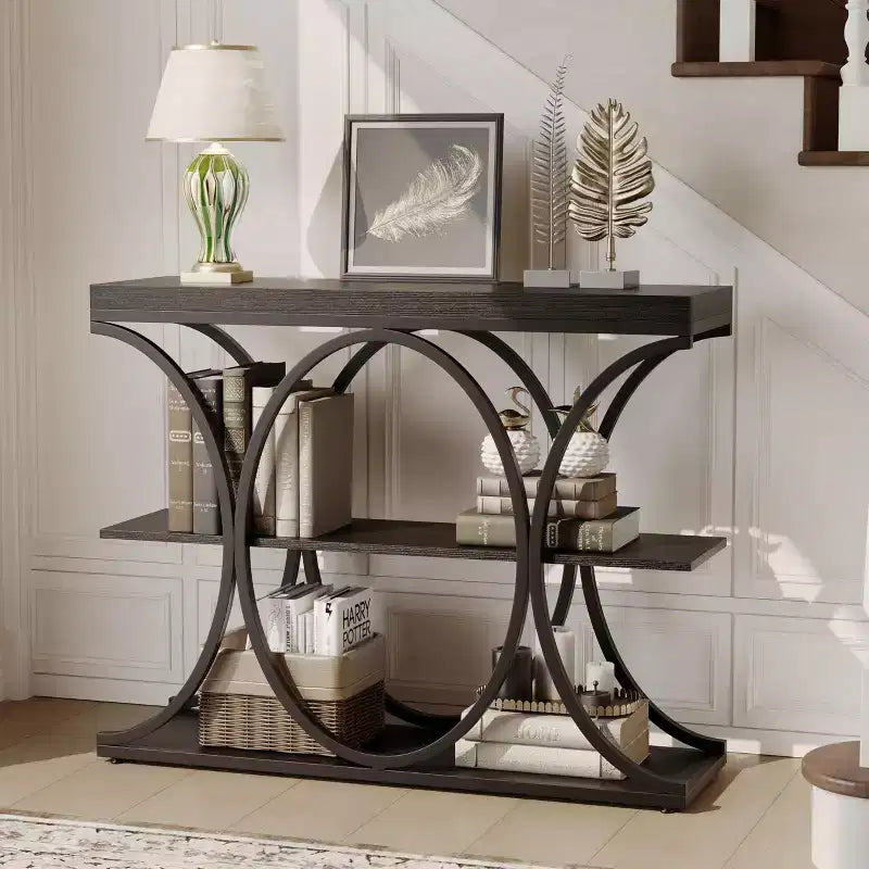 COZONY 39 Narrow Console Table, Industrial 6-Tier Sofa Table with Round Metal Base & Storage Shelves, Entryway Table for Living Room, Hallway
