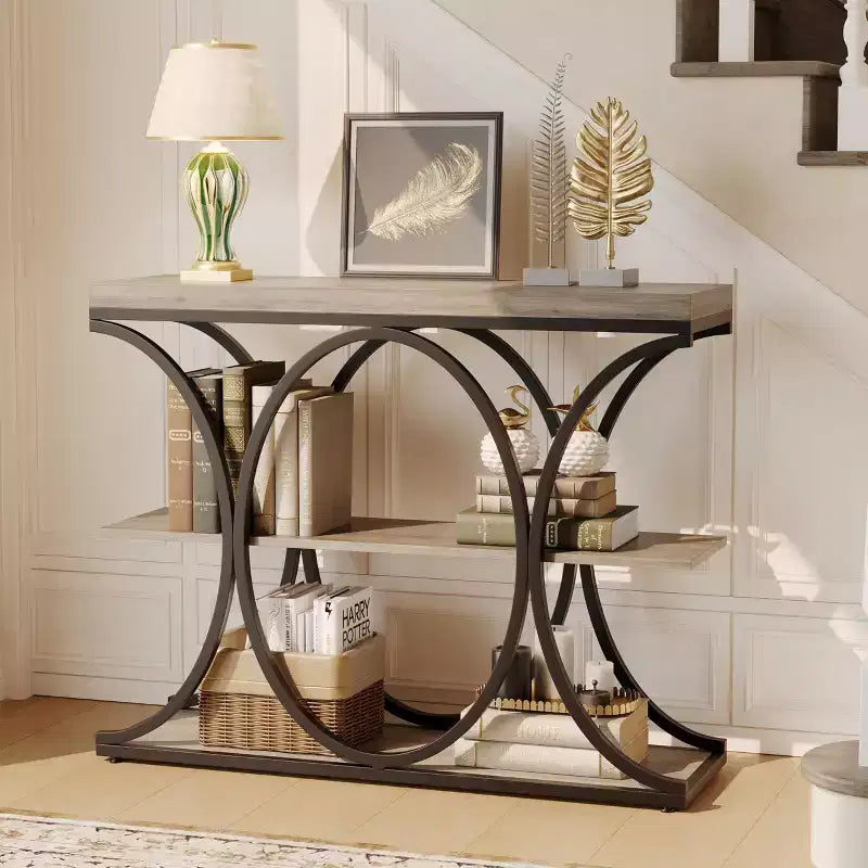 COZONY Table console étroite 39 po, table de canapé industrielle à 6 niveaux avec base ronde en métal et étagères de rangement, table d'entrée pour salon, couloir