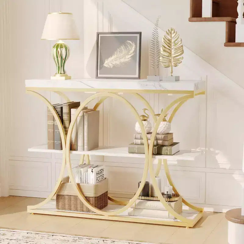 COZONY Table console étroite 39 po, table de canapé industrielle à 6 niveaux avec base ronde en métal et étagères de rangement, table d'entrée pour salon, couloir