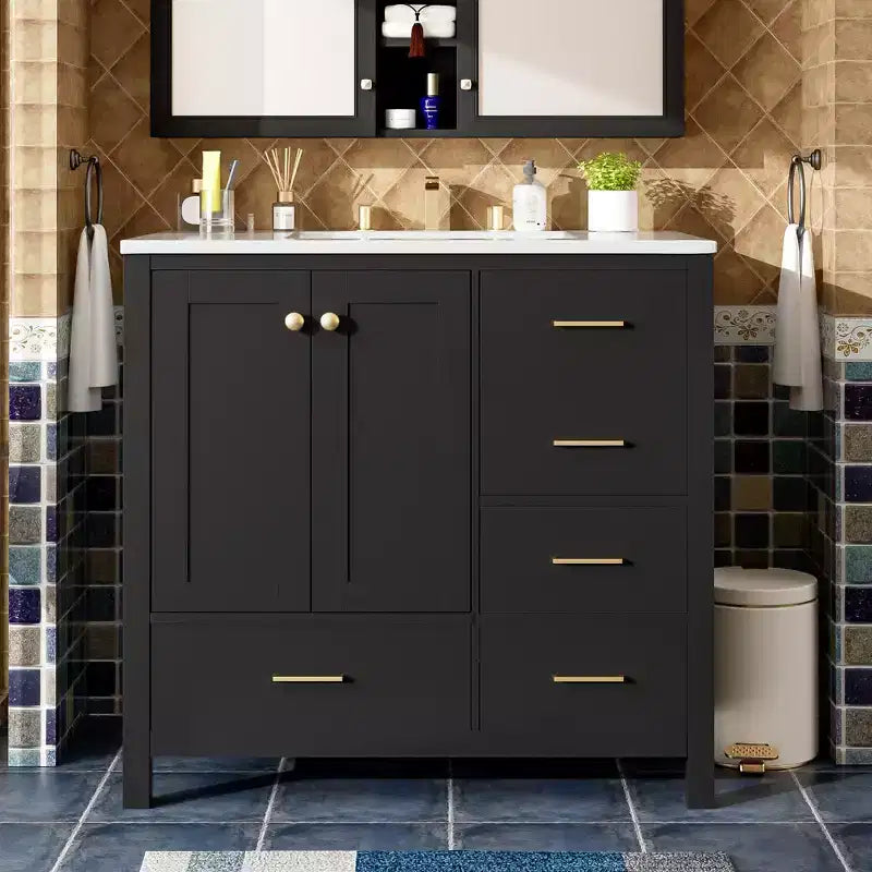 36 Bathroom Vanity with Sink, Bathroom Storage Cabinet with Drawers and Soft Closing Doors, Wood Bathroom Cabinets Freestanding, Black