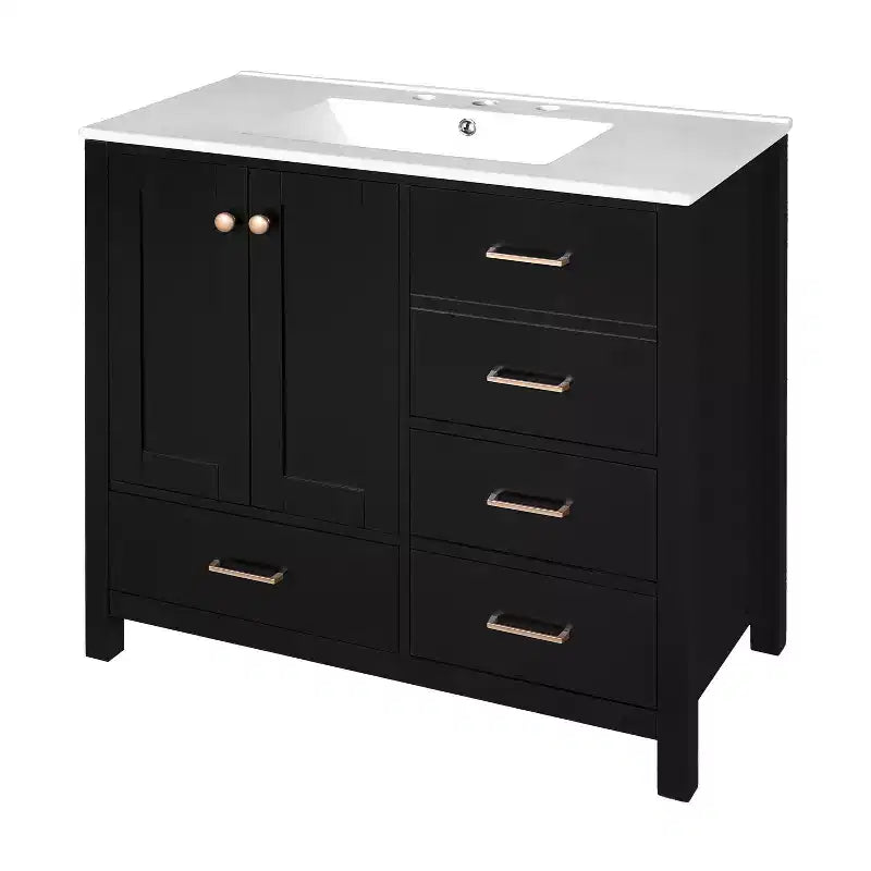Meuble-lavabo de salle de bain 36 pouces avec lavabo, meuble de rangement de salle de bain avec tiroirs et portes à fermeture douce, armoires de salle de bain en bois autoportantes, noir