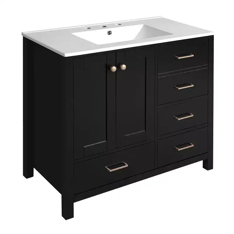 Meuble-lavabo de salle de bain 36 pouces avec lavabo, meuble de rangement de salle de bain avec tiroirs et portes à fermeture douce, armoires de salle de bain en bois autoportantes, noir