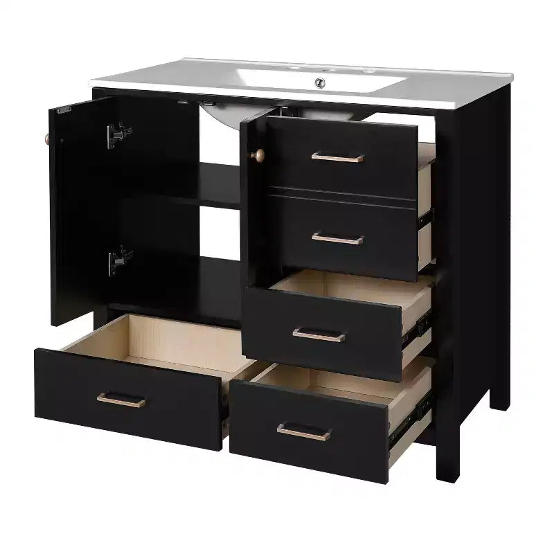 Meuble-lavabo de salle de bain 36 pouces avec lavabo, meuble de rangement de salle de bain avec tiroirs et portes à fermeture douce, armoires de salle de bain en bois autoportantes, noir