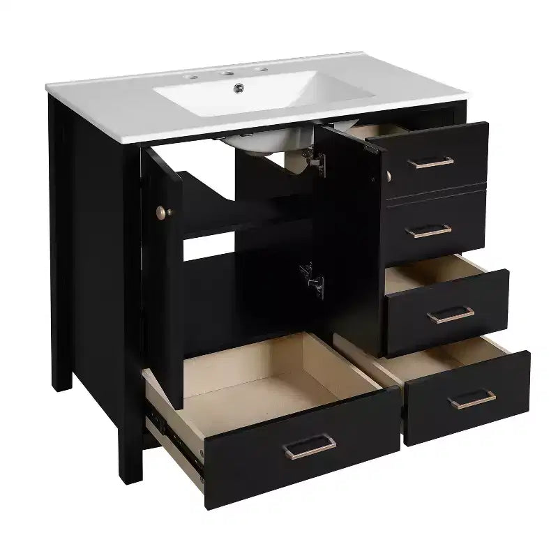Meuble-lavabo de salle de bain 36 pouces avec lavabo, meuble de rangement de salle de bain avec tiroirs et portes à fermeture douce, armoires de salle de bain en bois autoportantes, noir