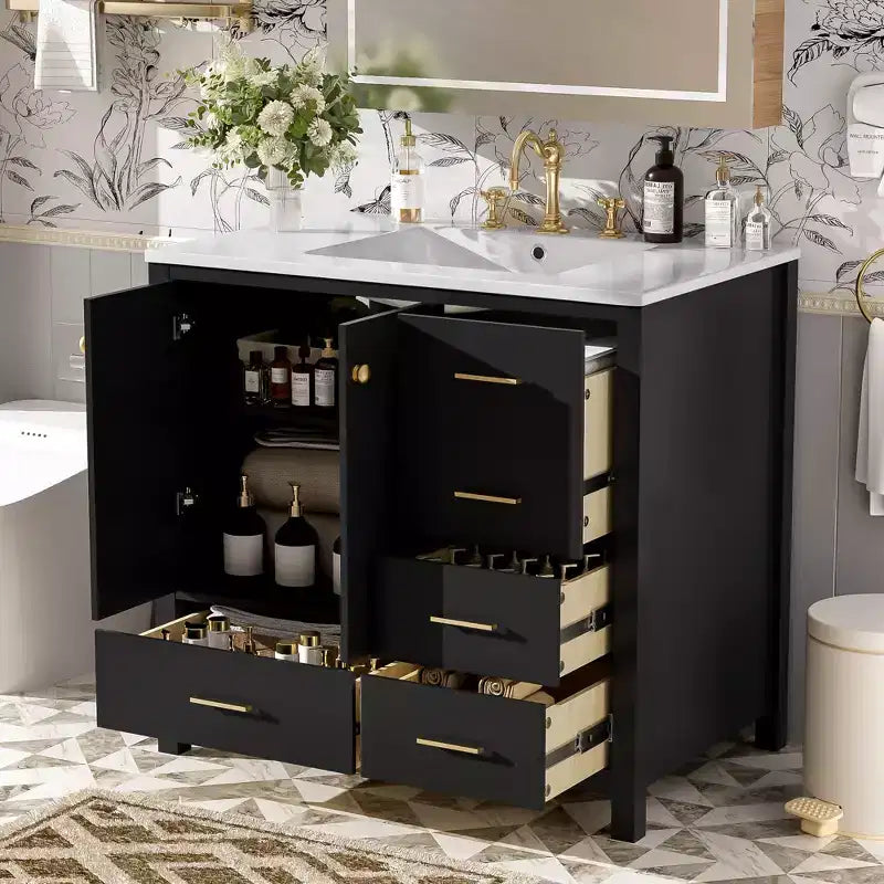 Meuble-lavabo de salle de bain 36 pouces avec lavabo, meuble de rangement de salle de bain avec tiroirs et portes à fermeture douce, armoires de salle de bain en bois autoportantes, noir