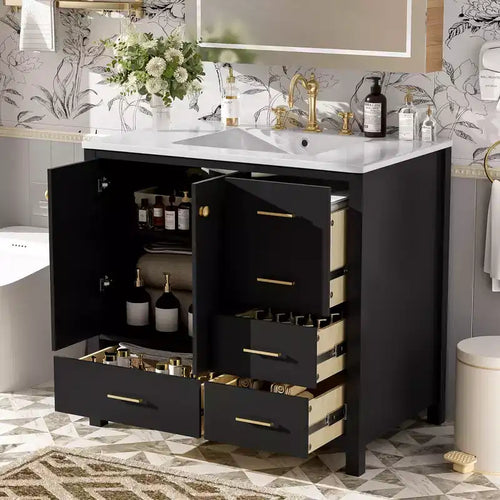 Meuble-lavabo de salle de bain 36 pouces avec lavabo, meuble de rangement de salle de bain avec tiroirs et portes à fermeture douce, armoires de salle de bain en bois autoportantes, noir