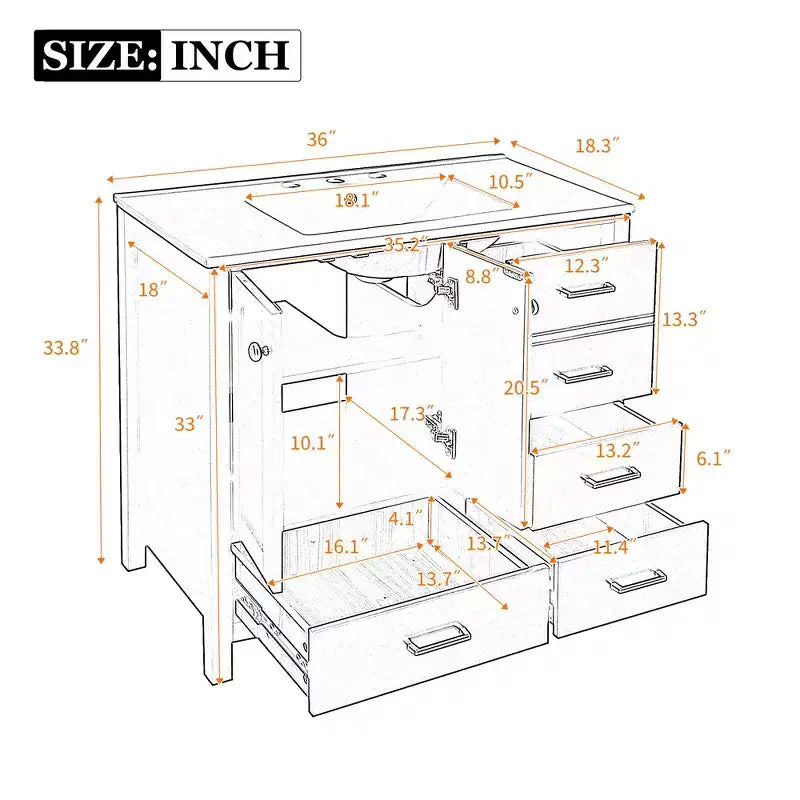 Meuble-lavabo de salle de bain 36 pouces avec lavabo, meuble de rangement de salle de bain avec tiroirs et portes à fermeture douce, armoires de salle de bain en bois autoportantes, noir