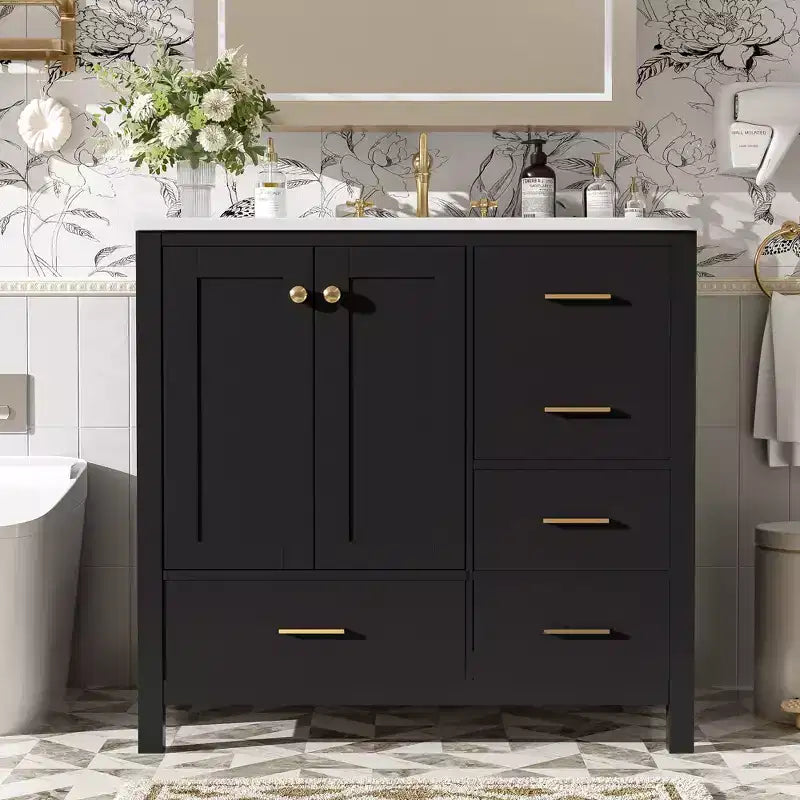Meuble-lavabo de salle de bain 36 pouces avec lavabo, meuble de rangement de salle de bain avec tiroirs et portes à fermeture douce, armoires de salle de bain en bois autoportantes, noir