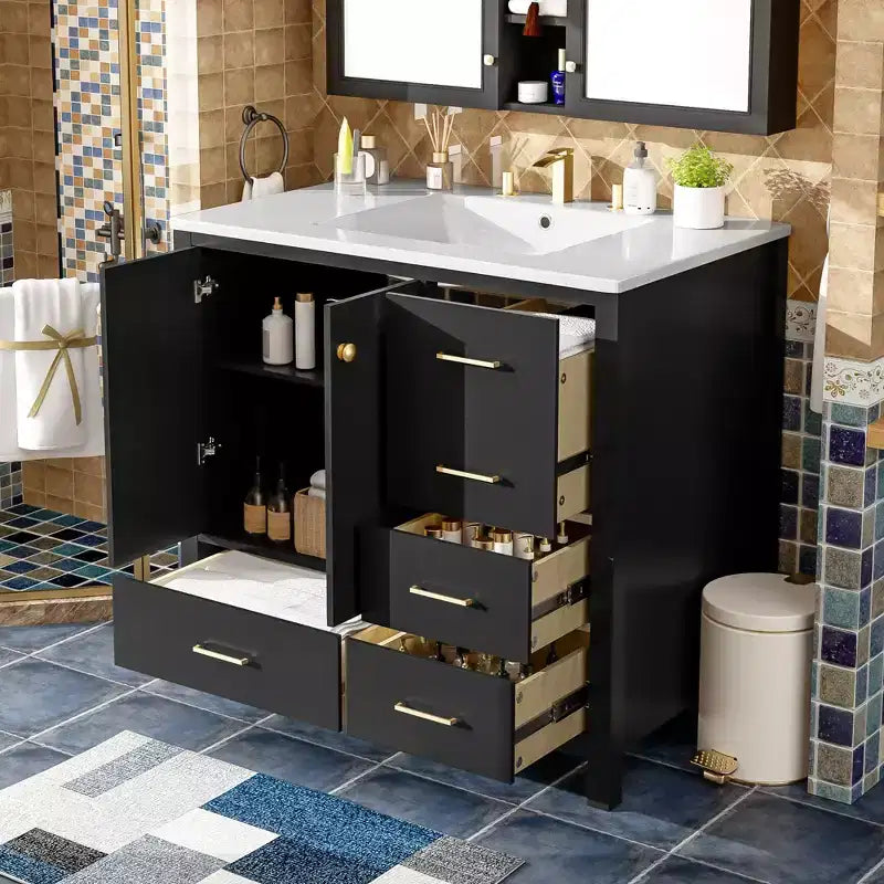 Meuble-lavabo de salle de bain 36 pouces avec lavabo, meuble de rangement de salle de bain avec tiroirs et portes à fermeture douce, armoires de salle de bain en bois autoportantes, noir