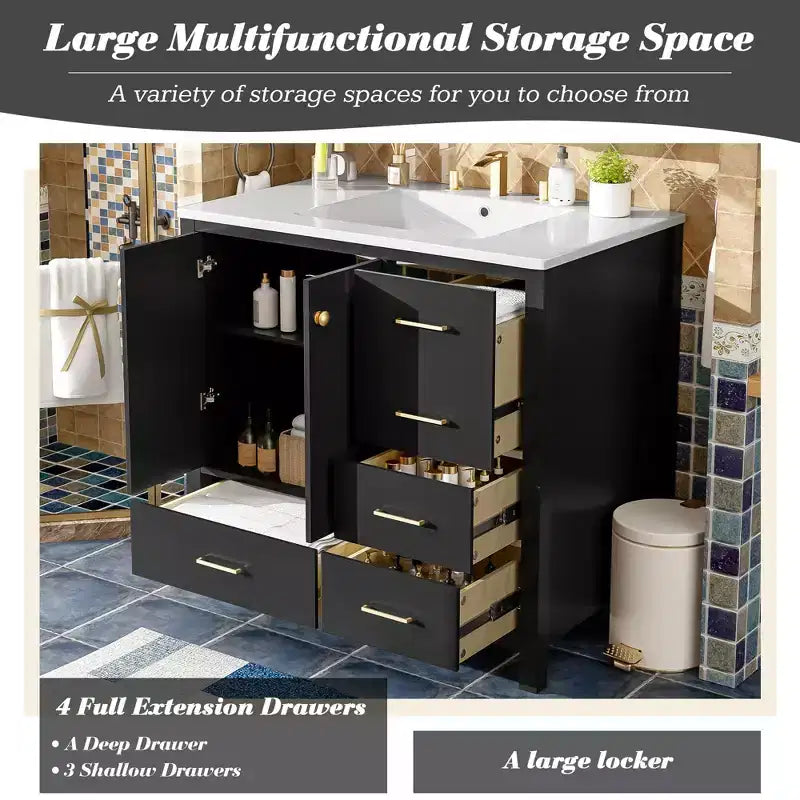 Meuble-lavabo de salle de bain 36 pouces avec lavabo, meuble de rangement de salle de bain avec tiroirs et portes à fermeture douce, armoires de salle de bain en bois autoportantes, noir