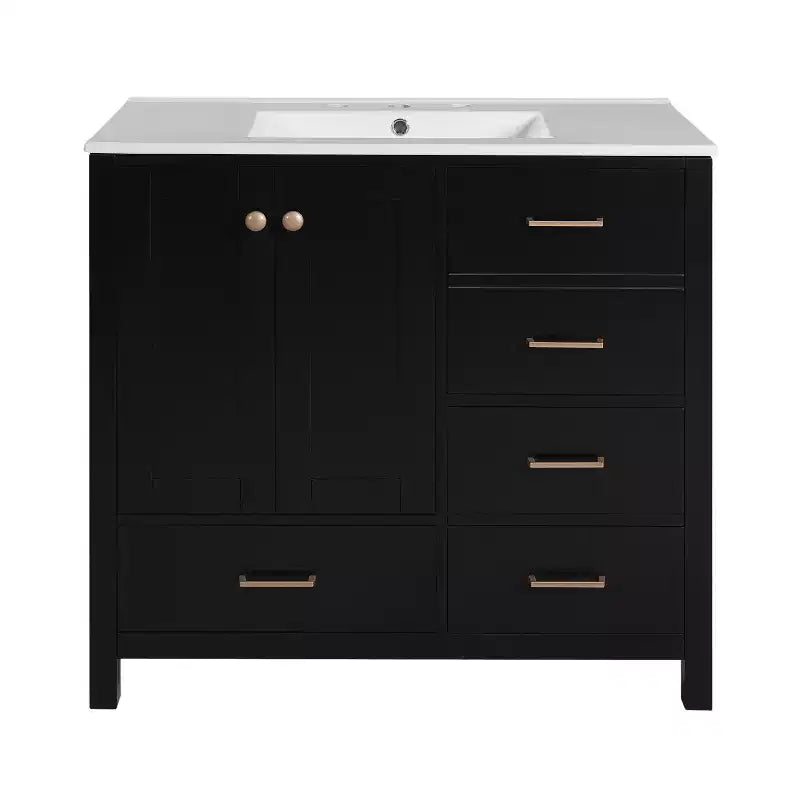 Meuble-lavabo de salle de bain 36 pouces avec lavabo, meuble de rangement de salle de bain avec tiroirs et portes à fermeture douce, armoires de salle de bain en bois autoportantes, noir